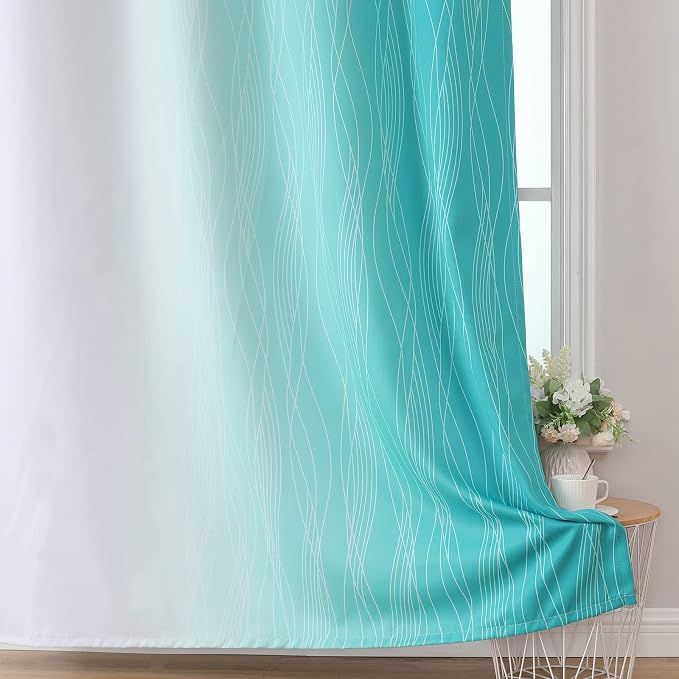 Estelar Textiler Teal and Greyish White Blackout Curtains 54 Inch Length, Light Blocking Gradient Grommet Drapes for Living Room, Thermal Insulated Ombre Curtains for Bathroom,52Wx54L,2 Panels