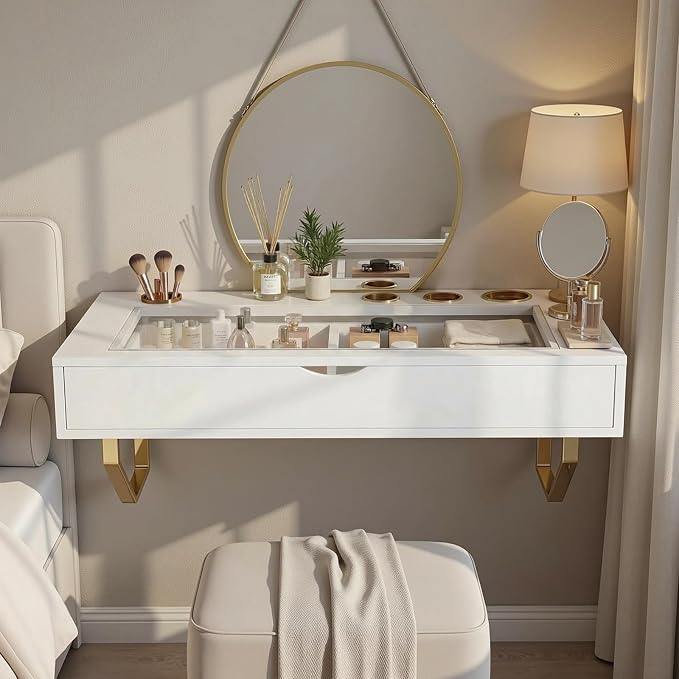 Floating Makeup Vanity Table, 31 inch Wall Mounted Desk for Bedroom, White | Floating Nightstand, Dressing Table with Drawer, Writing Desk, Saves Floor Space and Keeps Items Organized
