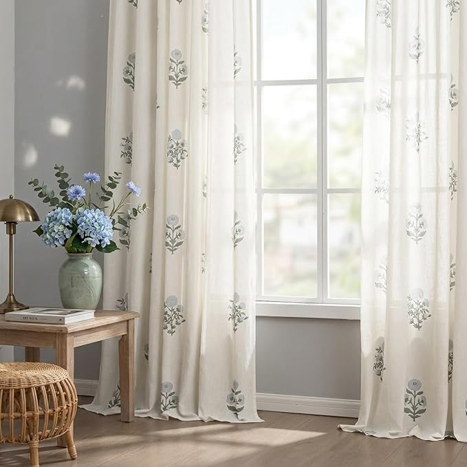 Blue Green Floral Linen Farmhouse Curtains, 84 Inch French Country Cottage Core Light Filtering Pinch Pleated Drapes, Vintage Block Print Pattern Sheer Panel for Living Room Bedroom Sliding Glass Door