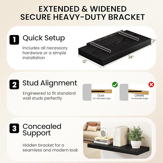 40Inch Black Floating Shelves for Wall, 12 Inch Deep Shelves for Bedroom, Kitchen, Bathroom Wall Mounted, Rustic Wood Floating Shelf with Invisible Brackets for Books, Storage, Decor, 2 Packs