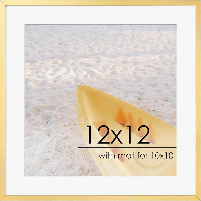 FLYJOE 12x12 Frame | Metal Square Picture Frame With Tempered Glass | 12x12 Frame With Mat For 10x10 | Minimalist Modern Poster Frame Horizontal & Vertical Formats | Hanging Hardware Included | Gold