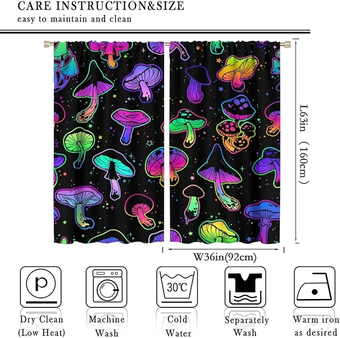 Mushroom Curtains Colorful Cartoon Plant Print Window Treatments for Bedroom Living Room Kitchen Fantasy Psychedelic Mushroom Window Drapes 2 Panels Set,Total Size 72 x 63 Inch