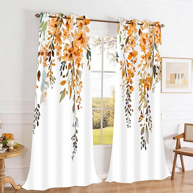 Orange Watercolor Floral Curtains, Botanical Leaves Vine Flowers Curtain, Rustic Farmhouse Flower Leaf Blackout Window Treatment Drapes for Bedroom Living Room 42x96 inch, 2 Panels