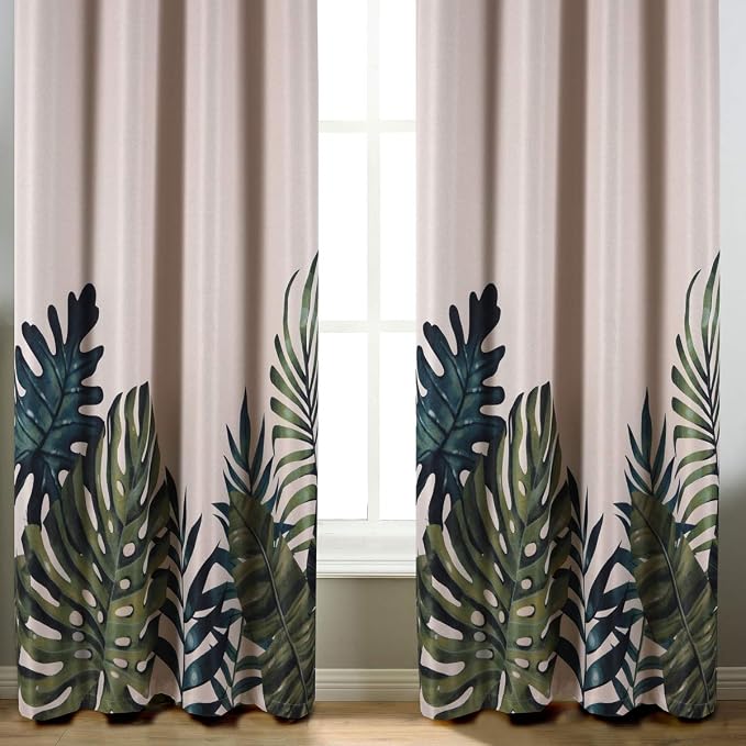 Taisier Home Palm Leaves Print Exotic Style Nature Artwork,2 Panel Fashion Grommet Top Thermal Insulated Room Darkening Curtains,Printing Curtain Leaves(84" Print Curtain)