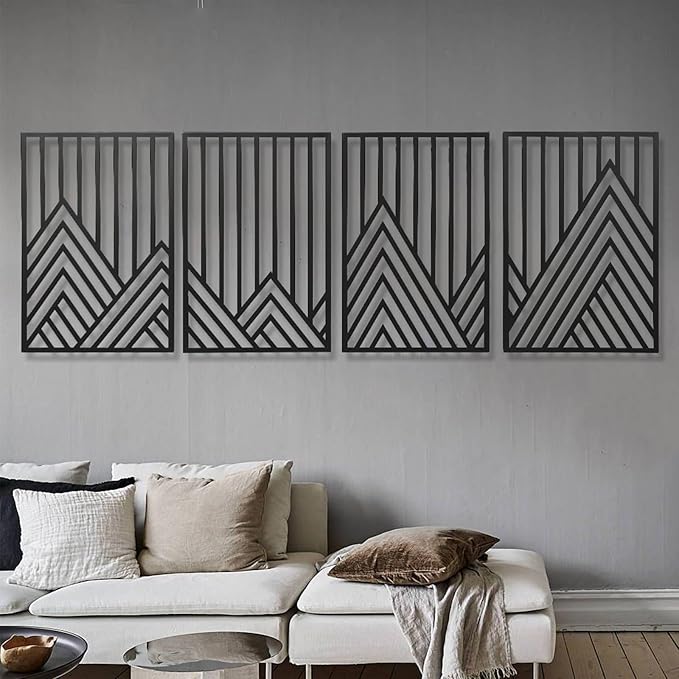 AMAATE Black Metal Wall Art, 4 Pieces Minimalist Geometric Mountain Line Art Sculpture, Hollowed Out Abstract Modern Metal Hanging Decor for Living Room Bedroom Office 17.7" X 26.4" in