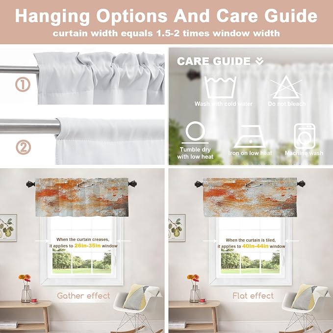 Shrahala Brushstrokes of Paint Blackout Short Curtains for Windows, Orange Grey Canvas Texture Kitchen Valance Thermal Insulated Rod Pocket Window Treatment for Bathroom 2 Pack 52 X 16 in