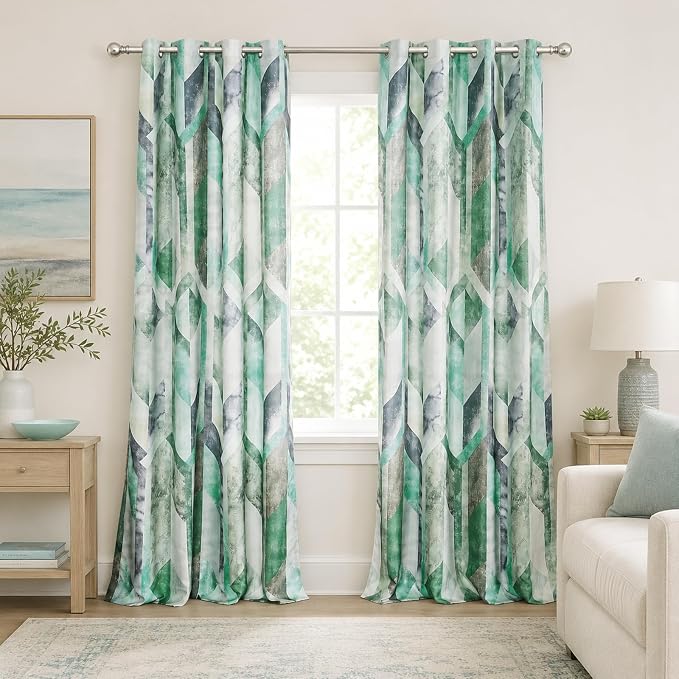 Leeva Decorative Kitchen Curtains, Drapes for Living Room 84 Inch Length 2 Panels, Geometric Pattern Grommet Solid Window Treatments, 52 x 84, Cyan