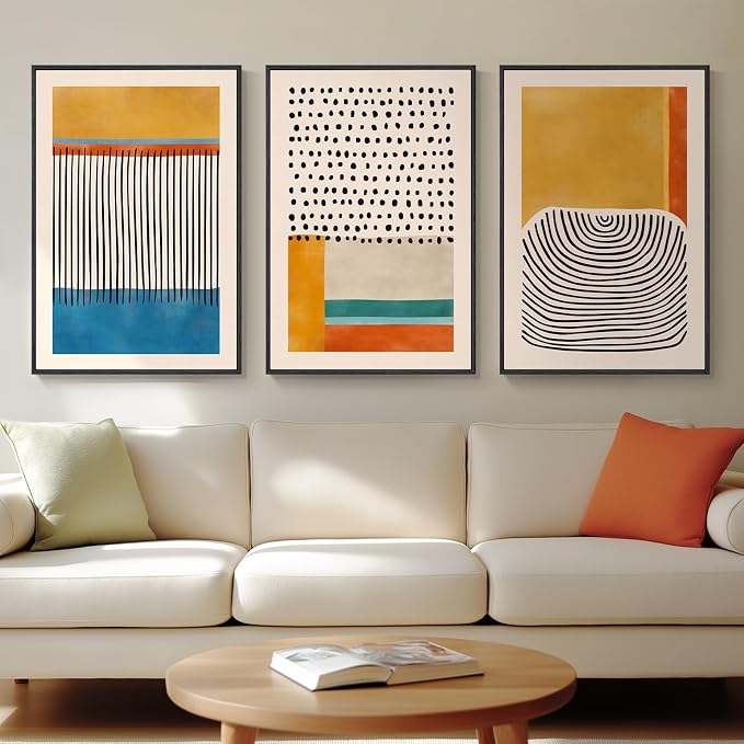 Large Framed Colorful Abstract Wall Art for Living Room, 3 Piece Mid Century Modern Canvas Paintings Prints Artwork for Walls, Yellow Pictures Wall Decor for Bedroom Home Office Hallway, 20x30 Inch