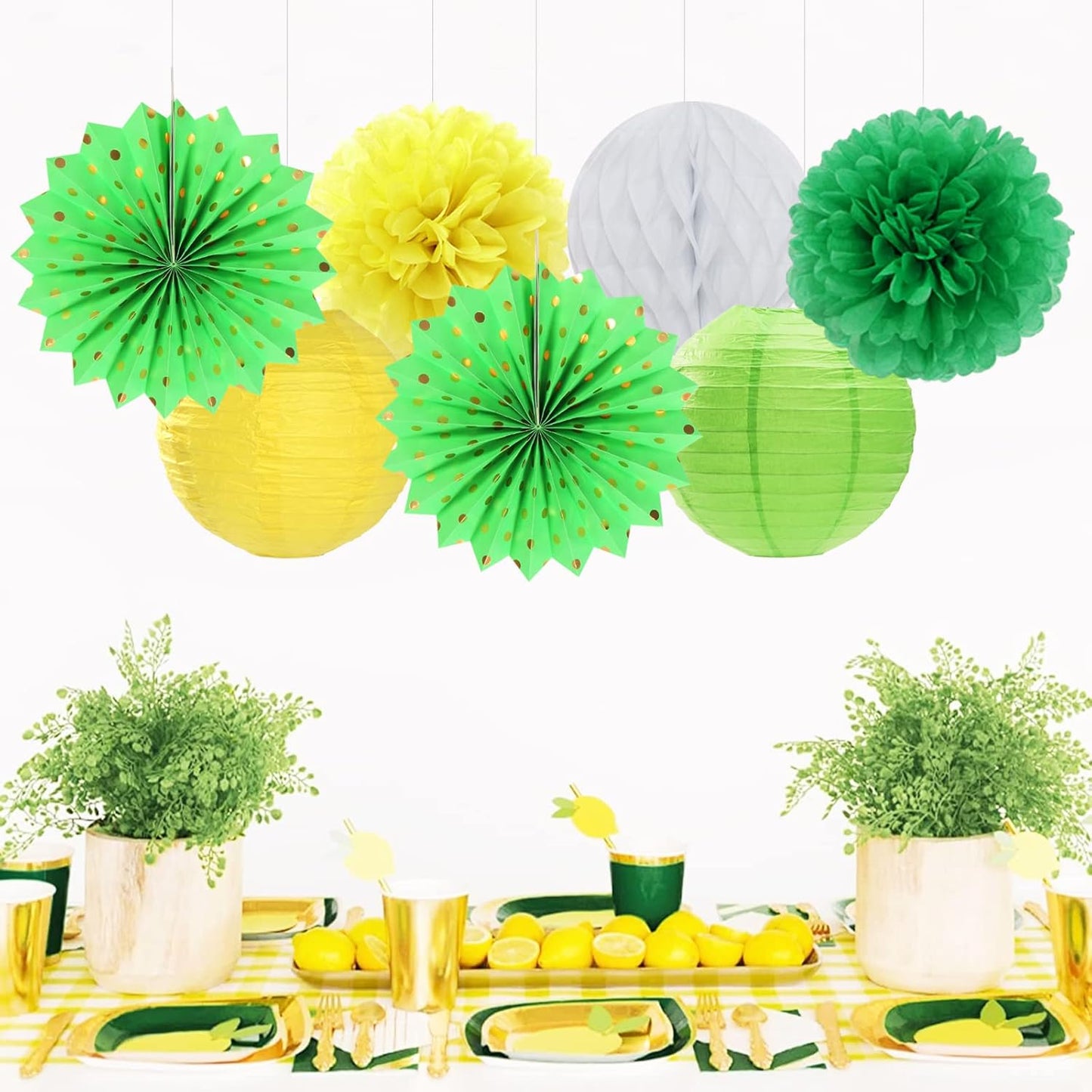 Yellow-White Green Party-Decorations Streamers-Lanterns - 14pcs Spring Summer Garden Tea Paper Fan,Birthday Baby Bridal Shower Wedding Tissue Pom Poms,Classroom Honeycomb Balls Decor Lasting Surprise