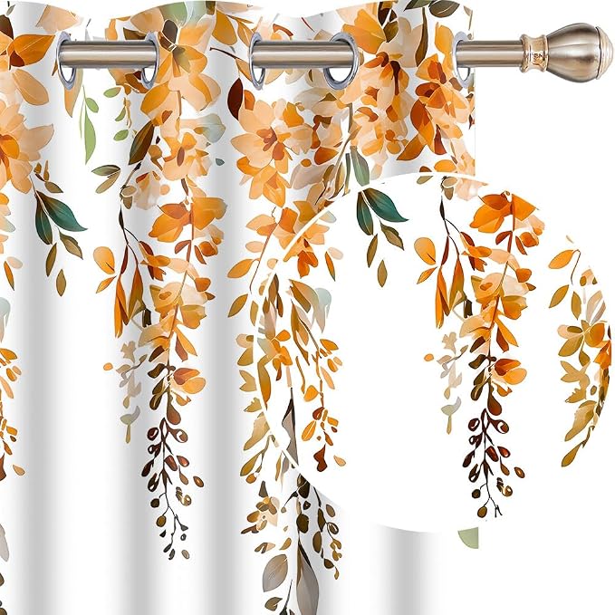 Orange Watercolor Floral Curtains, 52x63 inch, 2 Panels | Botanical Leaves Vine Flowers, Rustic Farmhouse Style, Blackout Window Treatment, For Bedroom Living Room