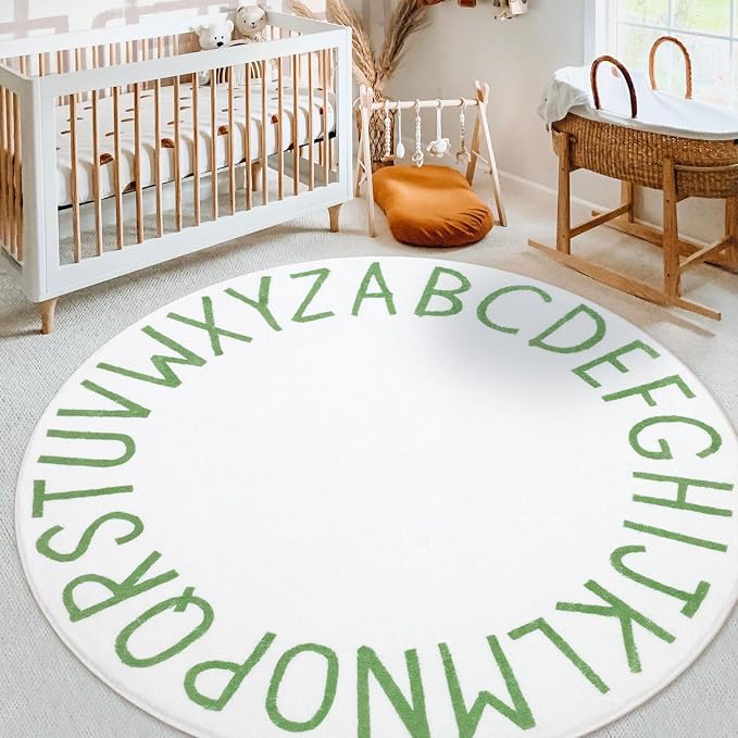 Topotdor Round ABC Area Rug,47 Inch Soft Floor Carpet,Green/White | Washable Alphabet Circle Rug,Non Slip Floor Mat Ideal for Bedrooms,Kids Rooms,Classrooms