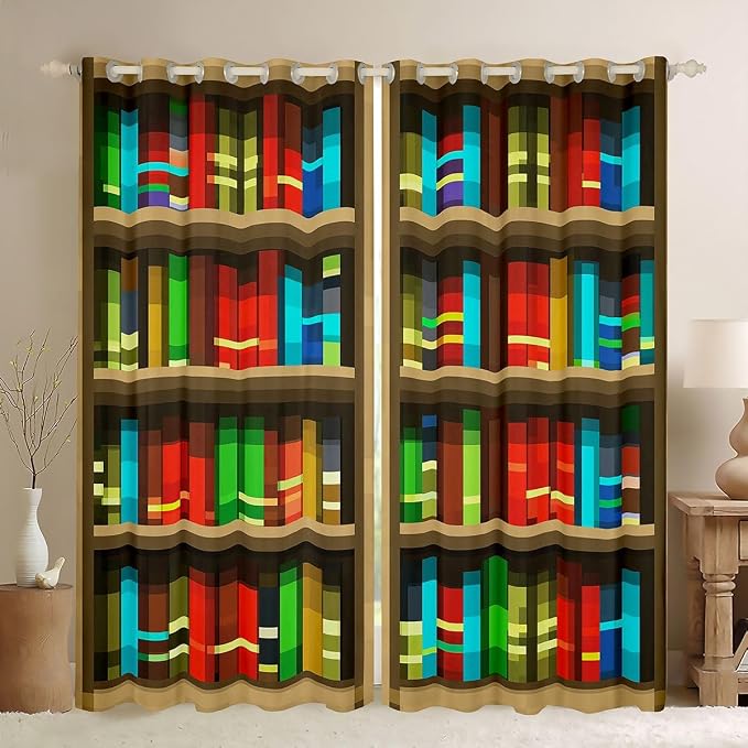 Castle Fairy Bookshelf Window Curtain,Pixelated Bookshelf Blackout Window Treatment,Teens Woman Men Pixel Style Games Bedroom Curtains Anime Bookcase Theme Living Room Decor Top 2 Panels,52Wx84L