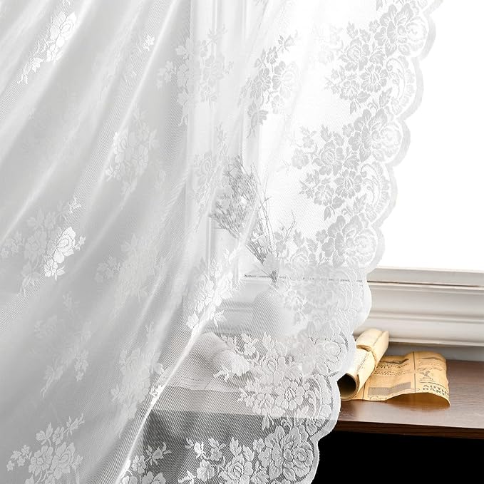 Kotile White Lace Curtains 45 Inch Length 2 Panels Country Rustic Floral Knitted Short Lace Curtains for Kitchen Window, Rod Pocket Privacy Sheer Cafe Curtain, 52 x 45 Inch, White