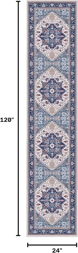 OPPODREAM Soft Entryway Rug 2x10, 2x10 Rug Runner, Washable Hallways Carpet 2 x 10 with Non Slip Backing, Low-Pile Bedside Carpet 2 x 10, Long, Faux Cashmere, Navy Blue & Red & Cream