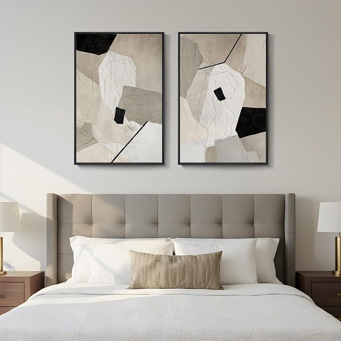 Framed Neutral Beige and Black Abstract Wall Art for Living Room, Set of 2 Modern Minimalist Canvas Artwork for Walls, Large Geometric Pictures Prints for Bedroom Office Hallway Wall Decor, 24x36 Inch