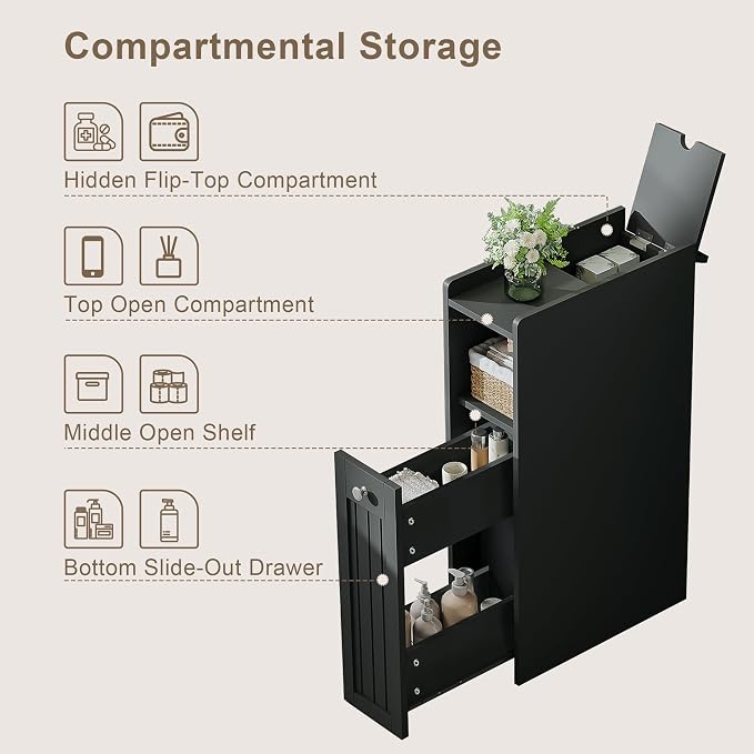 ChooChoo Slim Bathroom Storage Cabinet, Narrow Small Bathroom Organizer with Slide Out Drawer Storage, Toilet Paper Holder, for Small Spaces, Black