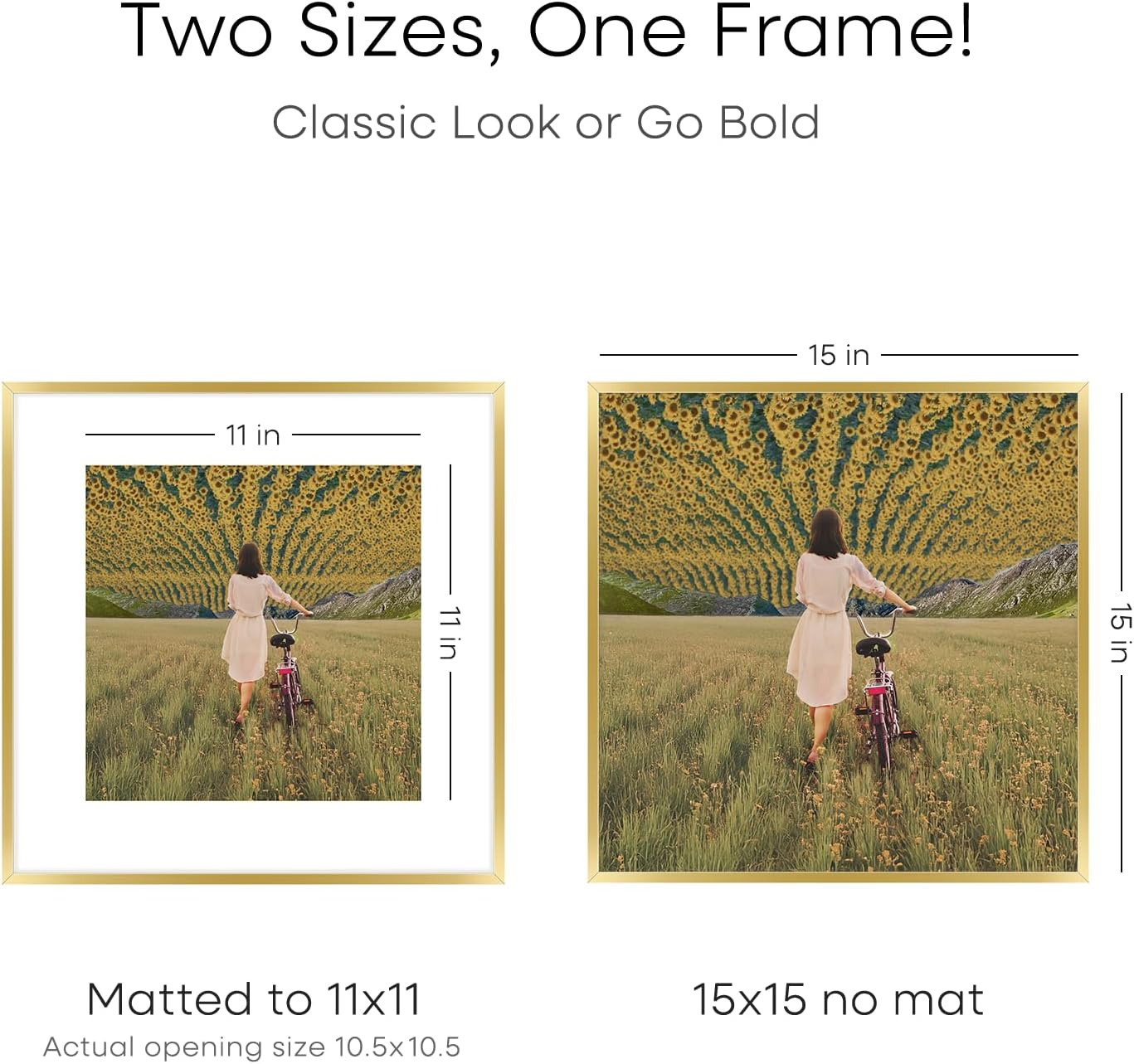 Homeforia 15x15 Picture Frame Gold, High End Metal 15 x 15 Square Poster Frame with Mat 11 x 11 Photo, 15x15 Frame Matted to 11x11 Print, 15by15 Gold Hanging Frames, Tempered Glass, Wall Kit, Set of 1