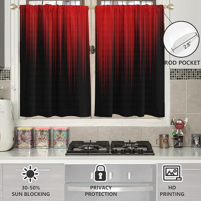 AAtter Red and Black Kitchen Curtains, Gothic 27.5" W x 45" L, 2 Panels | Burgundy Ombre Rod Pocket Bathroom Window Drapes, Dark Modern Abstract Style, Cool Anime Design, Spooky Small Short Tiers