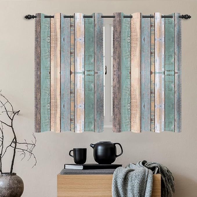 Rustic Wood Barn Door Curtains Kitchen Curtains Vintage Farm Style Colorful Wooden Planks Window Curtains Wood Boards Room Darkening Window Drapes for Living Room Bedroom,21x45 inch,2 Panels