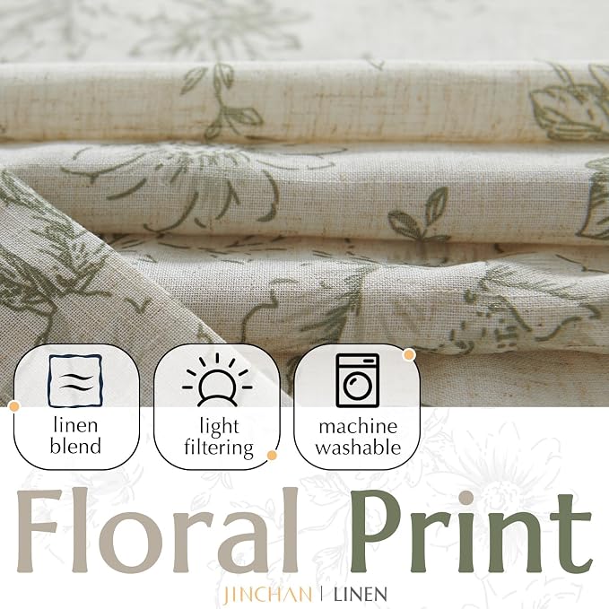 jinchan Linen Blend Floral Curtains for Living Room 96 Inches Extra Long Farmhouse Printed Curtain Back Tab Green Peony Flower Patterned Drapes Bedroom Window Curtains Set 2 Panels