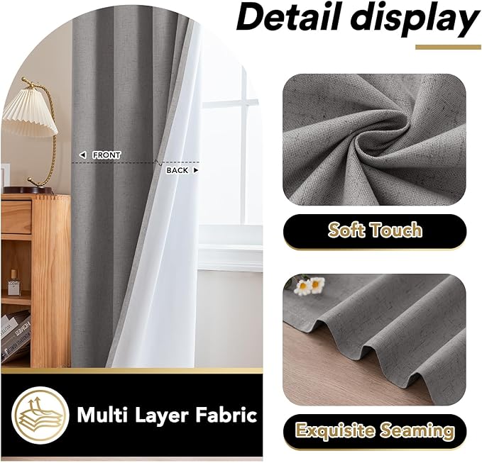 PrinceDeco Nature Linen Curtains 100% Back Out Curtains for Living Room/Bedroom 54 Inch Length Burlap Fabric Thermal Insulated & Light Blocking Nickel Grommet Window Drapes Set of 2,Heathered Dove