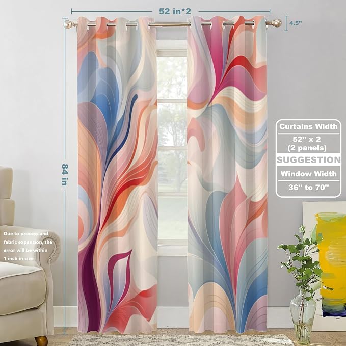 Shrahala Colorful Waves Thermal Insulated Blackout Window Curtains, Fluid Abstract Pattern Long Drapes for Bedroom/Living Room with Plastic Grommet, 52X84 Set of 2