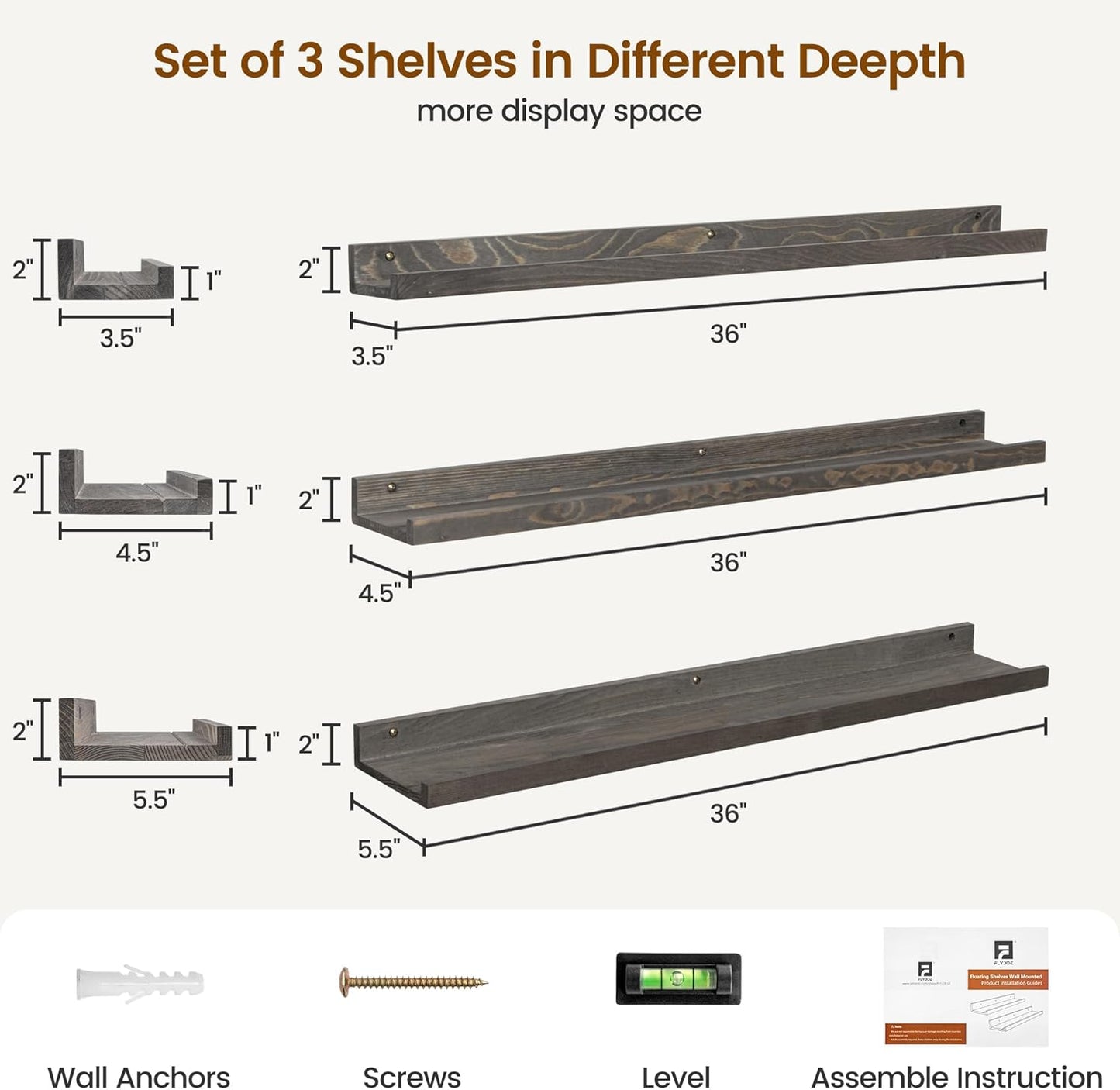 Picture Ledge Wall Shelves - 36 Inch Width Set of 3, Solid Pine Wood Rustic Floating Ledge Shelves for Kids' Room, Bedroom, Kitchen, Bathroom, Living Room, Nursery Display Wall Decor, Grey