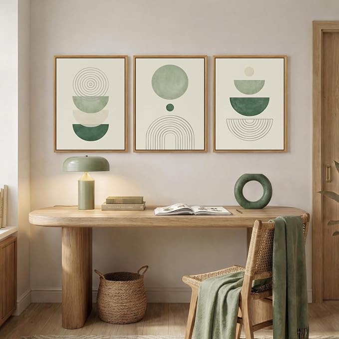 3 Piece Framed Minimalist Boho Canvas Wall Art for Bedroom, Abstract Sage Green Geometric Artwork for Walls, Green and Beige Picture Print Paintings for Hallway Office Wall Decor 12x16 Inch