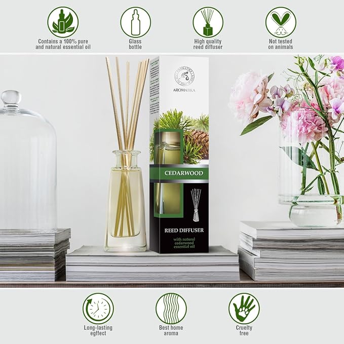 Cedarwood Reed Diffuser 3.4 Fl Oz - Scented Reed Diffuser Gift Set - Best for Aromatherapy - Home - Room Air Fresheners - Cedarwood Essential Oil - by Aromatika