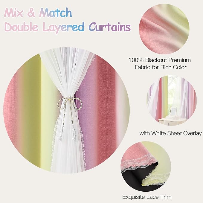 XiDi Pink Yellow Curtains 84 Inches Long 2 Panels for Girls Bedroom Blackout Curtains with Sheer Overlay for Kids Princess Nursery Room Darkening Mix & Match Double Layer Grommet Drapes W34 X L84