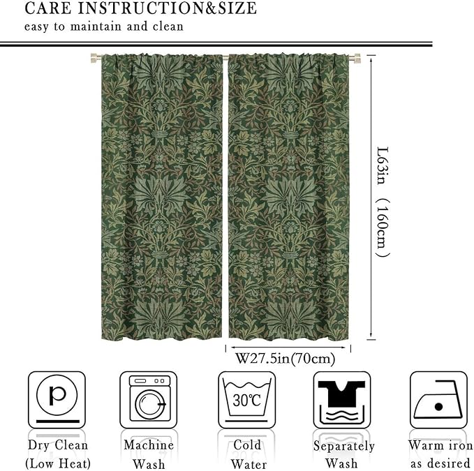 Bohemia Art Blackout Window Curtains, William Morris Original Design Green Garden Vintage Curtains, for Living Room Bedroom 27.5(W)*63(L) 2 Panels