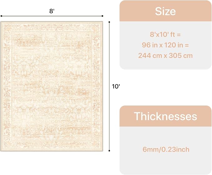 GENIMO 8x10 Washable Area Rugs for Living Room, Non Slip, Pink | Vintage Boho Floral Low Pile Thin Carpet for Bedroom, Dining Room, Nursery, Indoor Decor