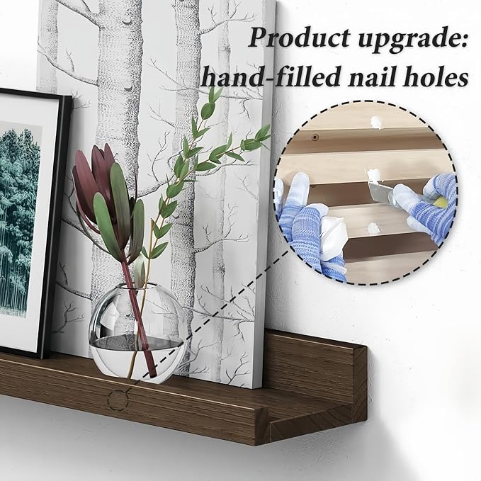Forbena 24 Inch Floating Picture Ledge Shelf Set of 4, Wooden Picture Shelf for Wall with Ledge for Living Room Bedroom, Dark Wood Wall Shelves with Lip Edge for Photo Frames Display (Rustic Brown