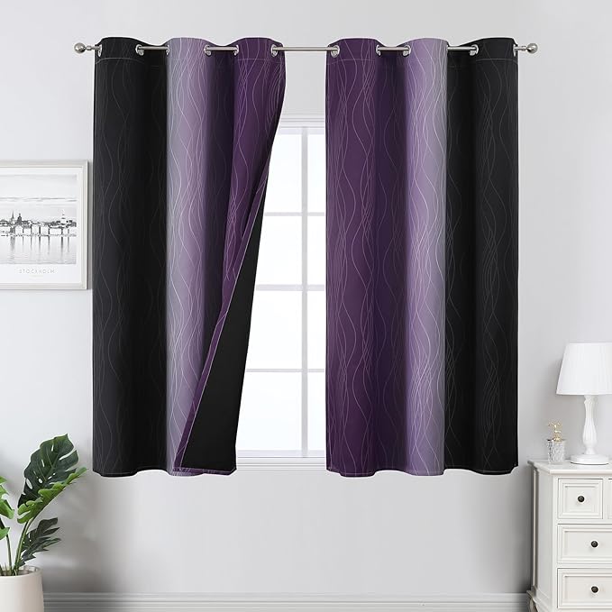 Estelar Textiler Black and Purple Blackout Curtains 54 Inch Length, Full Light Blocking Gradient Grommet Drapes, Thermal Insulated Ombre Curtains for Bedroom, 42Wx54L, 2 Panels