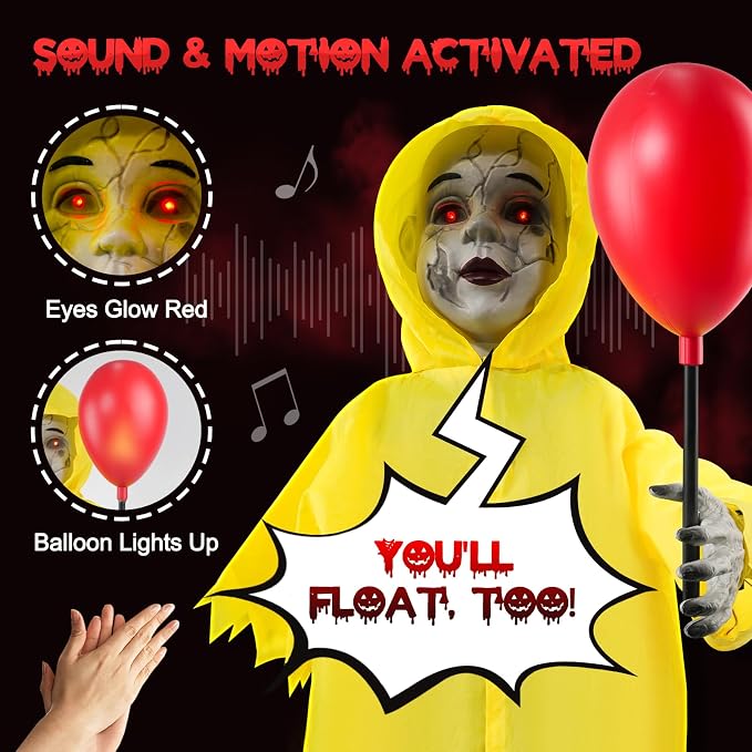 Halloween Decorations Outdoor - 4 Ft Life Size Halloween Animatronics Prop with Sound & Touch Activated Sensor and Light Up Balloon - Spooky Scary Decor for Home Indoor Garden Lawn Yard Grave Party