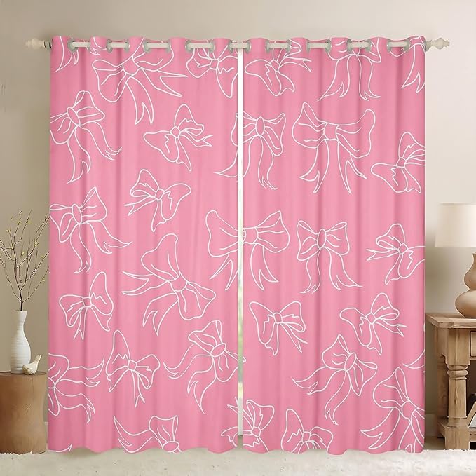Feelyou Cute Bowknot Room Darkening Blackout Curtain Boys Girls (2 Panels, 52 x 90 Inch) Pink Girls Bow Curtains for Bedroom Living Room Bow Blackout Curtains Kawaii Window Treatments