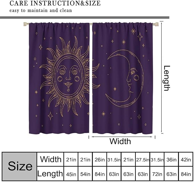 Golden Sun Moon Stars Art Blackout Curtains, Abstract Bohemian Universe Starry Sky Galaxy Window Drapes, for Bedroom Living Room 63" W X 63" L