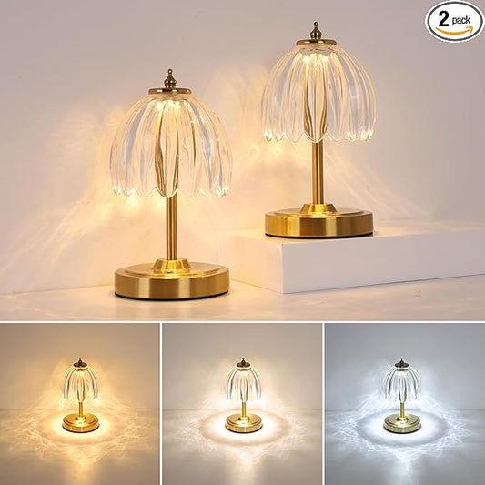 Shenmoyl Set of 2 Tulip Table Lamp with 5200mAh Battery & Touch Control, Cordless Small Table Lamp with 3 Colors, Rechargeable Battery Operated Table Lamps for Nightstand, Bedroom (Transparent Tulip)