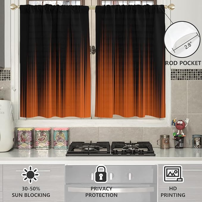 AAtter Orange and Black Kitchen Curtains, Ombre 27.5" W x 45" L, 2 Panels | Terracotta Modern Rod Pocket Drapes, Dark Abstract Striped Style, Trendy Anime Design, Small Short Bathroom Window Tiers
