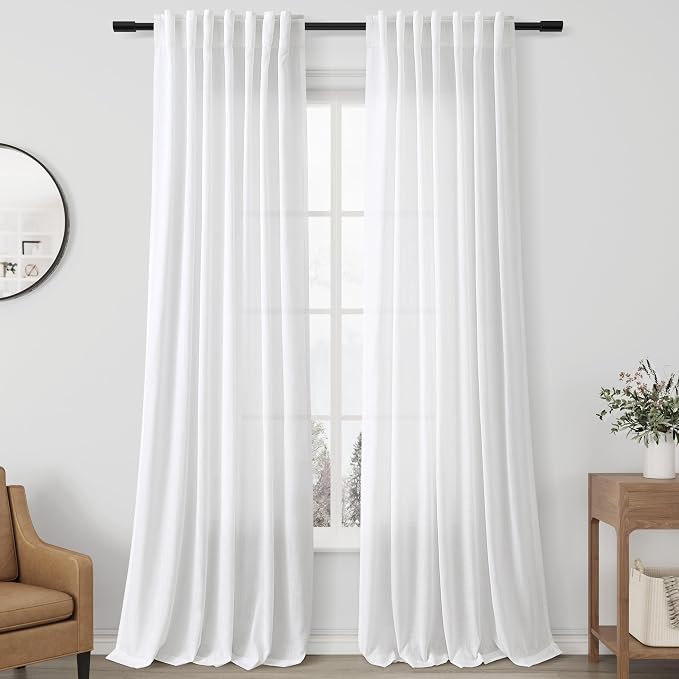 Aersas White Semi Sheer Long Curtains 120 Inch Length for Living Room 2 Panel Set Back Tab Rod Pocket Linen Textured Privacy Floor Curtains Light Reducing Farmhouse Curtain for Dining Room 52x120