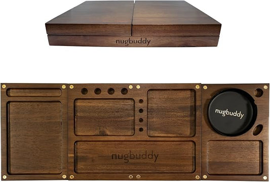 Nugbuddy Wooden Rolling Tray | 3 in 1 Folding Design Set w Magnetic Lid | Big & Small Trays + Removable Metal Tray | Portable Accessory Kit for Car Travel & Home | Premium Acacia Wood