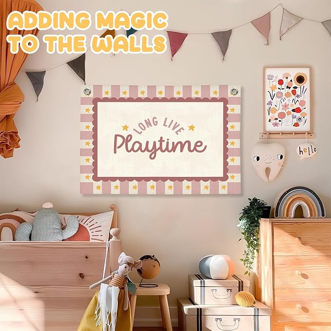 Playroom Wall Decor,Long Live Playtime Linen Canvas Banner,Pink Toddler Playroom Decor Kids Room Nursery with Star Pattern Wall Decor for Toddler Girls Toy Room Bedroom,30x20 Inch