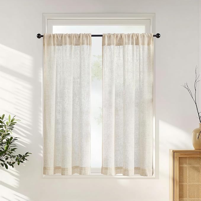 jinchan Tier Curtains 45 Inch for Small Window Linen Blend Cafe Curtains Farmhouse Rustic Half Window Drapes for Kitchen Living Room Bedroom Light Filtering Rod Pocket 2 Panels Neutral Crude