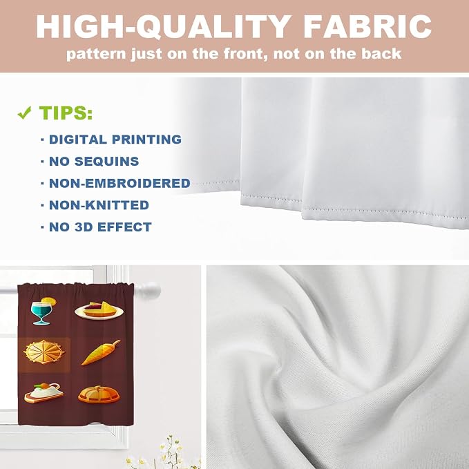 Shrahala Happy Thanksgiving Day Blackout Curtain Tiers, Pumpkin Turkey Bird Leaves Kitchen Valance Light Blocking Tier Drapes with Rod Pocket, 2 Pack 26 X 24 in