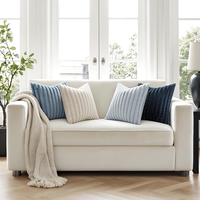MIULEE Faux Fur Plush Decorative Throw Pillow Covers 16x16 Set of 4, Spring Modern Soft Fuzzy Coastal Striped Cushion Covers for Sofa Couch Bed Living Room Cozy Home Decor,Navy Blue