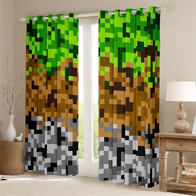 Miners Pixelated Games Window Curtain,Green Brown Grey Plaid Blackout Window Treatment ,Teens Woman Men Geometric Block Bedroom Curtains Modern Video Games Living Room Decor Top 2 Panels,52Wx84L