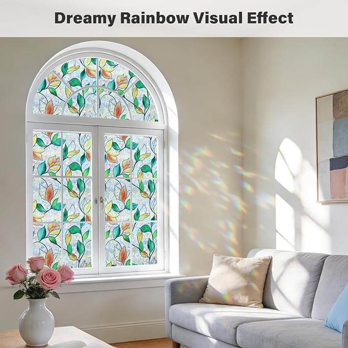 Finnez Rainbow Stained Glass Window Privacy Film, Static Cling No Glue, UV Blocking & Heat Control, Removable & Reusable for Home Office Bathroom Door (Stained Leaf, 35.4" x 78.7")