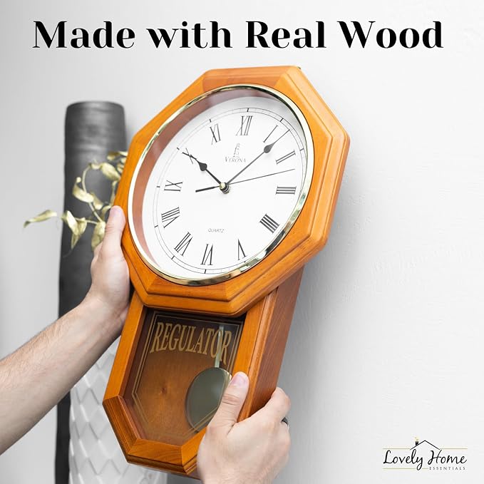 Pendulum Wall Clock Battery Operated - Real Wood Regulator Clock - Schoolhouse Design with Pendulum - Quiet, Non-Chiming - Wooden Wall Decor for Living Room Decor, Home, Office and Gift 18x11