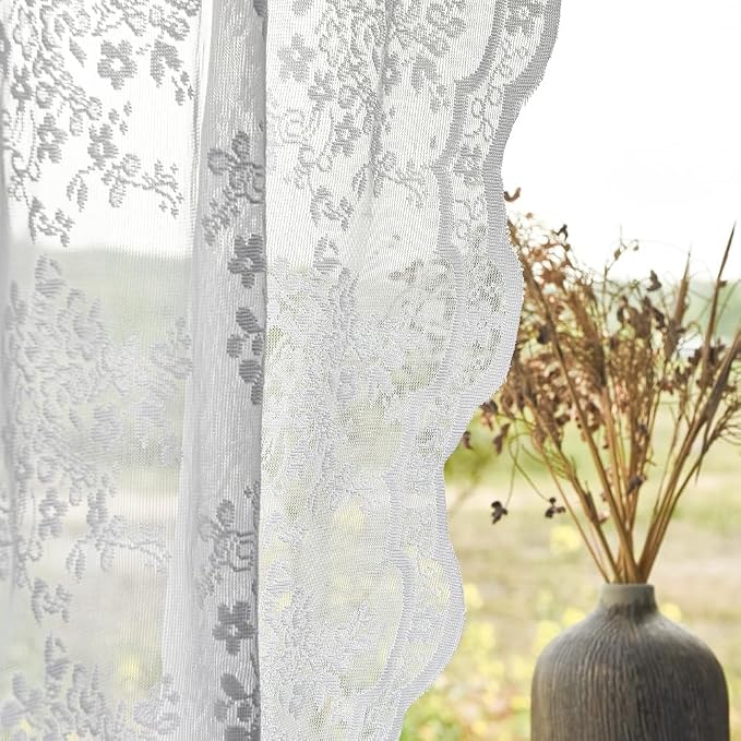 YJ YANJUN Vintage Lace Curtains 108 Inches Long-Victorian Floral White Sheer Curtain Panels for Patio Sliding Door Living Room Embroidered Scalloped Floor to Ceiling Drapes 9ft 104 Wide 2 Panels