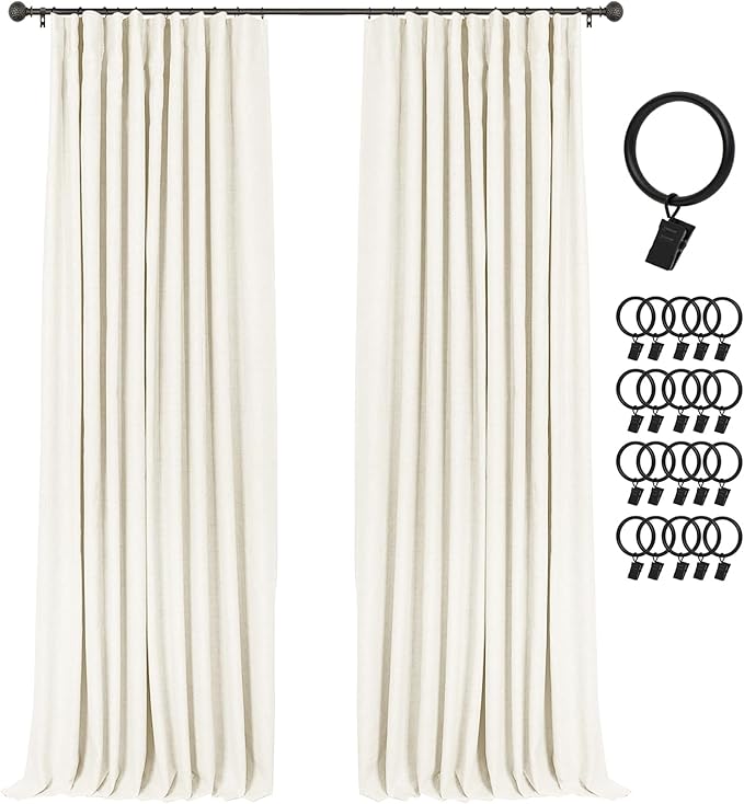INOVADAY 100% Blackout Curtains for Bedroom, Black Out Curtains 96 Inch Long, Clip Rings Linen Blackout Drapes, Thermal Insulated Room Darkening for Living Room, 2 Panels - Lightcream,W50xL96
